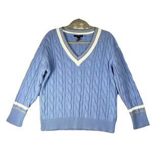 Forever 21 Women's Cable Knit Sweater Size Small V-neck Cotton Academia Preppy